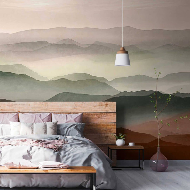 3D-Fototapete Landschaft Braun Grün - Vliestapete mit Bergmotiv für Schlafzimmer