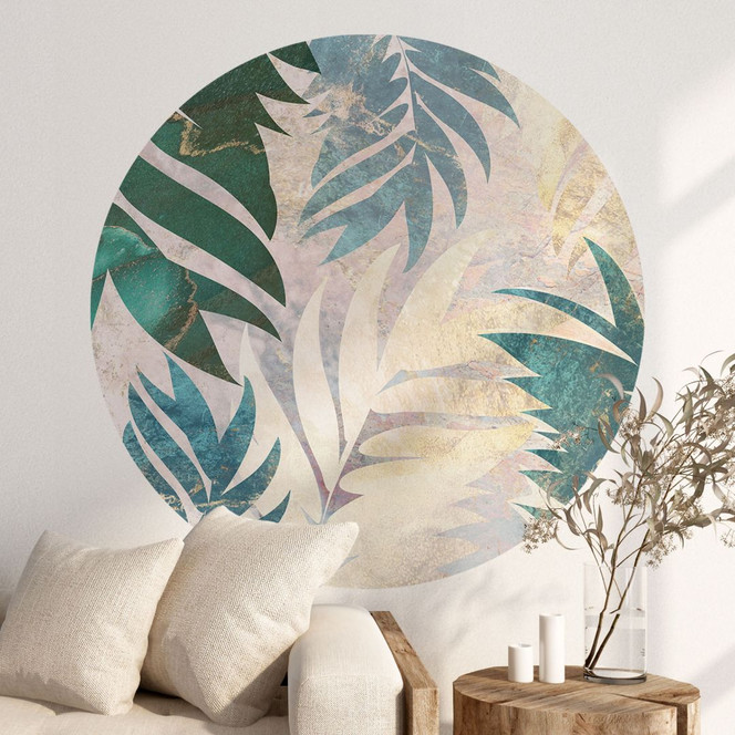 Dschungel Wandtattoo Exotische Palmenblätter in Gold-grün - Manovski - Rund