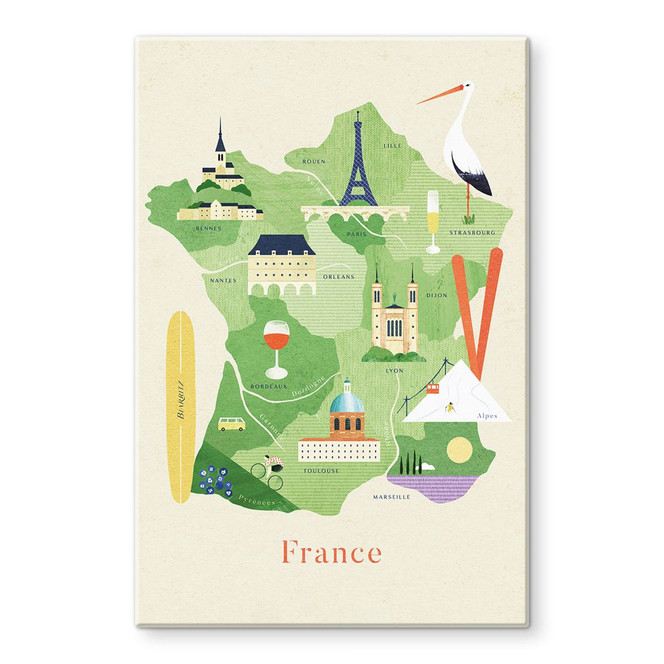 Glasbild Karte von Frankreich - Rivers