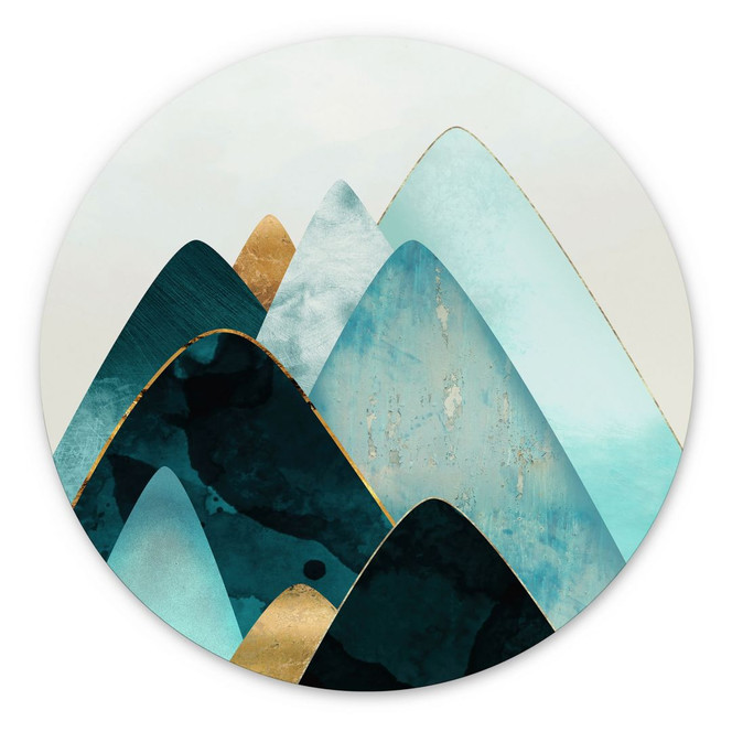 Wandbild Abstrakte Berge in Gold und Blau - SpaceFrog Designs - Rund - Alu-Dibond