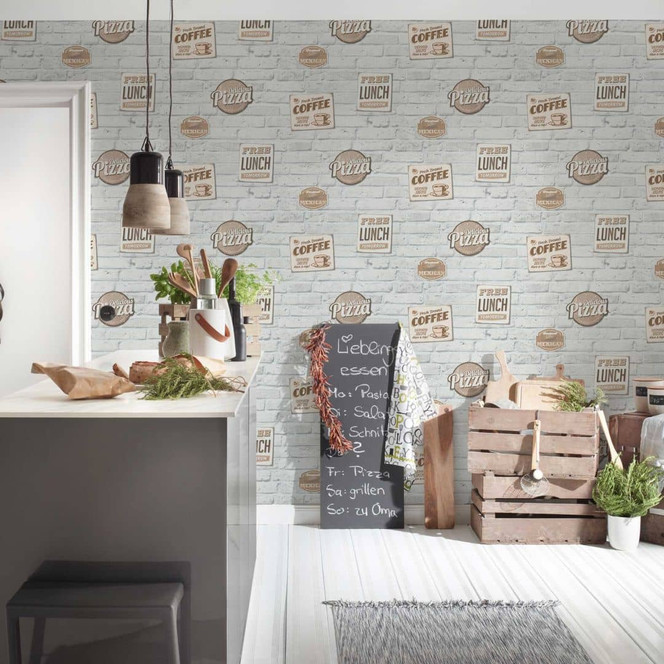 Selbstklebende Tapete & Möbelfolie - Kaffe und Pizza - weiss, beige - Rolle 840x53 cm - Bild - 1