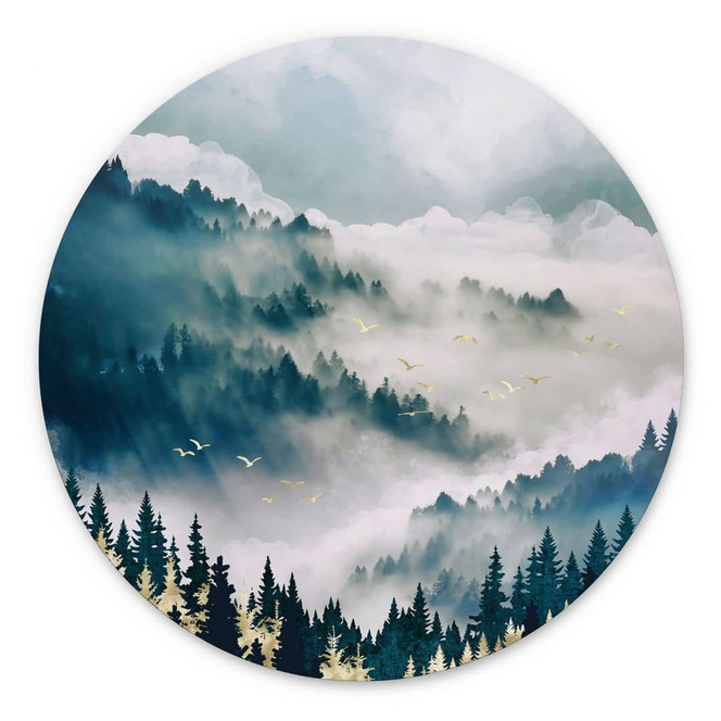 Wandbild Geheimnisvoller Nebel im Wald - SpaceFrog Designs - Rund - Alu-Dibond