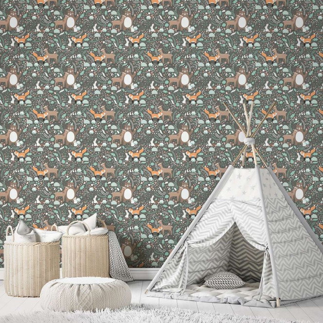 Kindertapete, Vliestapete mit Illustration Kids Walls grün, grau