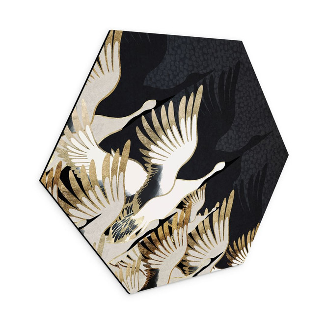 Hexagon Wandbild Fliegende Kraniche - SpaceFrog Designs - Alu-Dibond