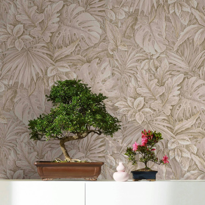 Vliestapete mit strukturiertem Blattmotiv beige Floral