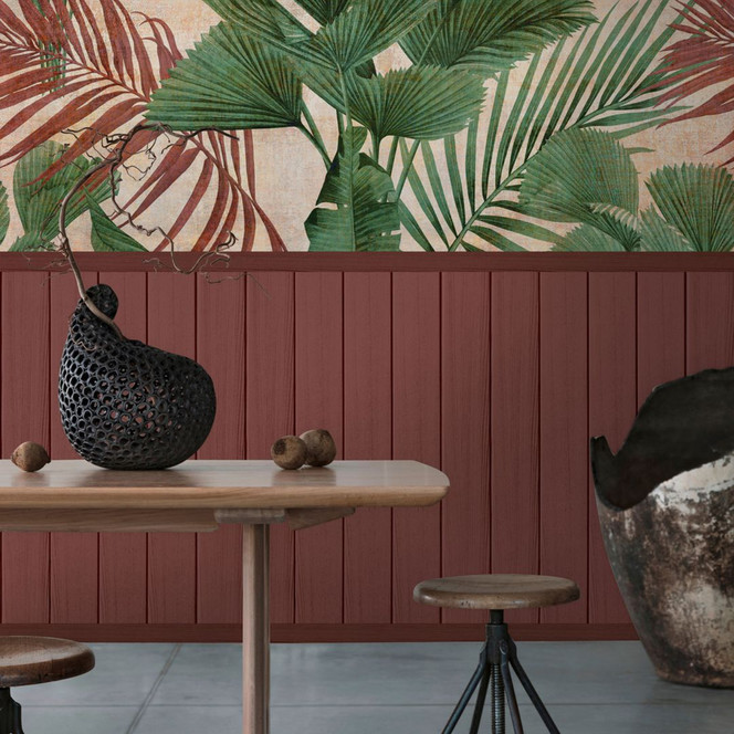 Fototapete Dschungelgrün mit Holzpaneel Rot Beige – Tropische Vliestapete erweiterbar