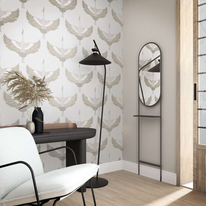 Vliestapete mit Kranichen weiss, beige Grafisch