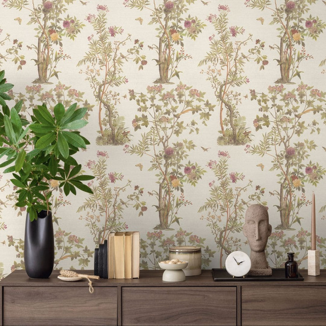 Florale Mustertapete mit Schmetterlingen Beige Grün Rosa - Vliestapete Naturmotiv