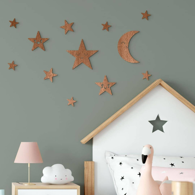 Holzdeko Mond und Sterne Set - Kawaii - Mahagoni