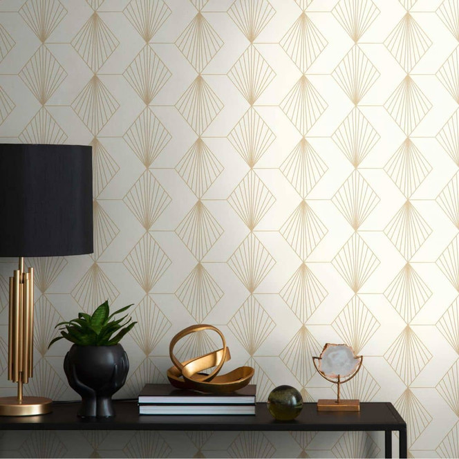 Geometrische Art Deco-Tapete Creme Gold - Mustertapete modern - Vliestapete