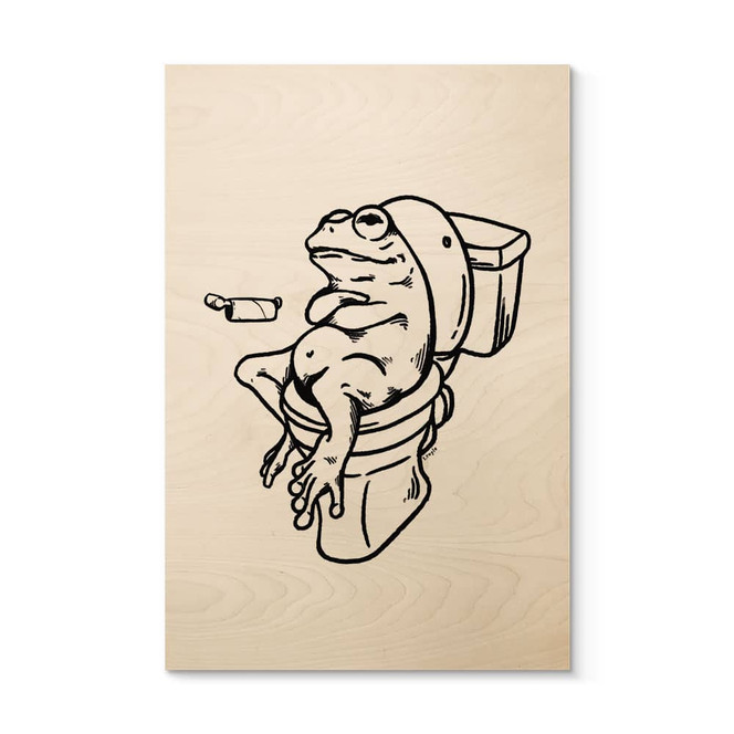 Holzbild Warten auf der Toilette - Humorvolle Frosch-Illustration - Royle