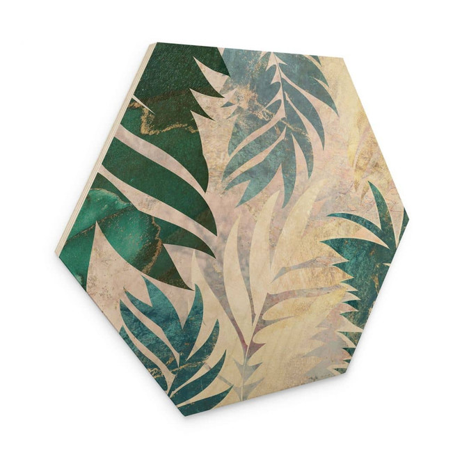 Hexagon Holzbild Exotische Palmenblätter in Gold-grün - Manovski