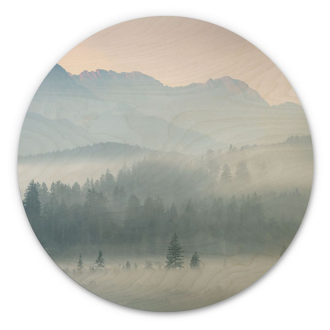 Holzbild Neblige Waldlandschaft im Herbst - Eisenmann - Rund