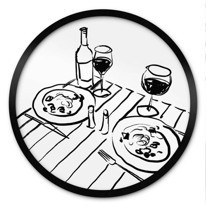 Schwarz-weiss Poster Stillleben-Dinner mit Wein - Treechild - Rund