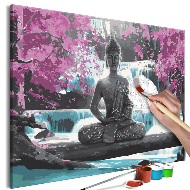 Malen nach Zahlen Leinwandbild - Buddha und Wasserfall - 50 x 40 cm - mit Keilrahmen - bespannt