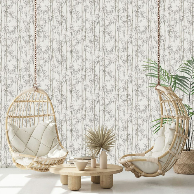 Vliestapete in grau Bambus Blätter Floral Natur