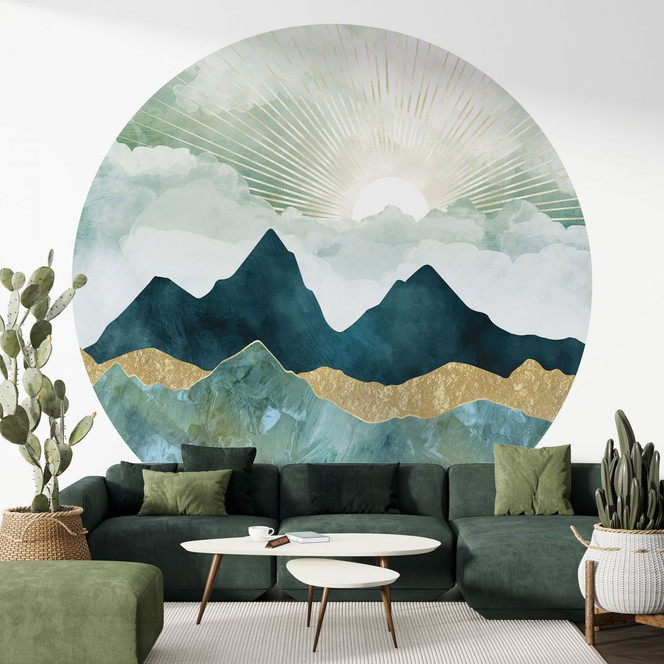 Fototapete Sonnige Landschaft in Blau und Gold - SpaceFrog Designs - Rund - Selbstklebend/Vlies
