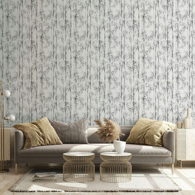 Vliestapete in weiss, grau Bambus Blätter Floral Natur