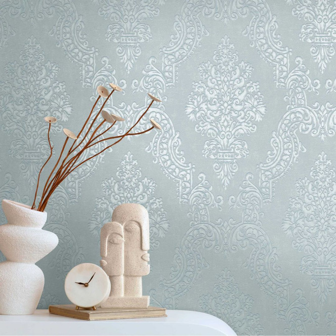 Barock-Tapete Ornament Hellgrau Silber – Vliestapete mit Prägung