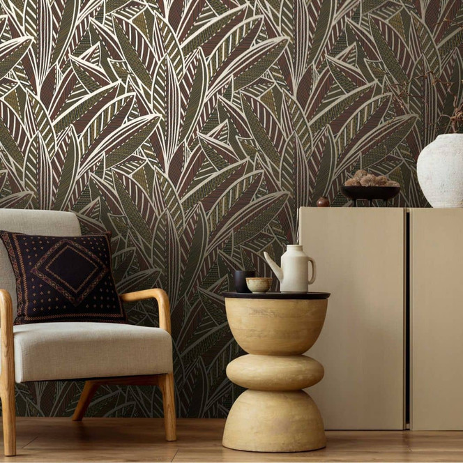 Dschungel-Tapete mit Blattmuster Braun Schwarz Gold – Exotische Vliestapete modern