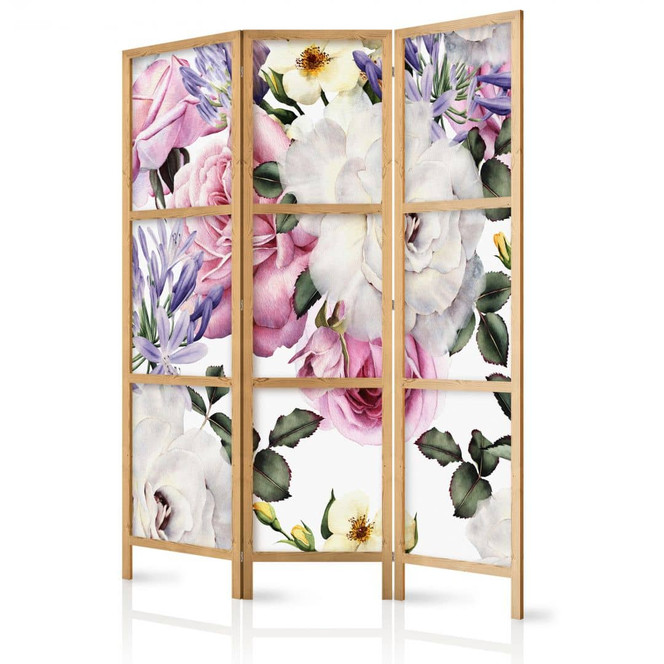 Japanischer Paravent, Raumteiler freistehend, Trennwand - Blumenwiese