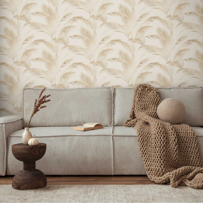 Palmen-Tapete Beige Creme - Vliestapete mit tropischem Muster in Naturtönen