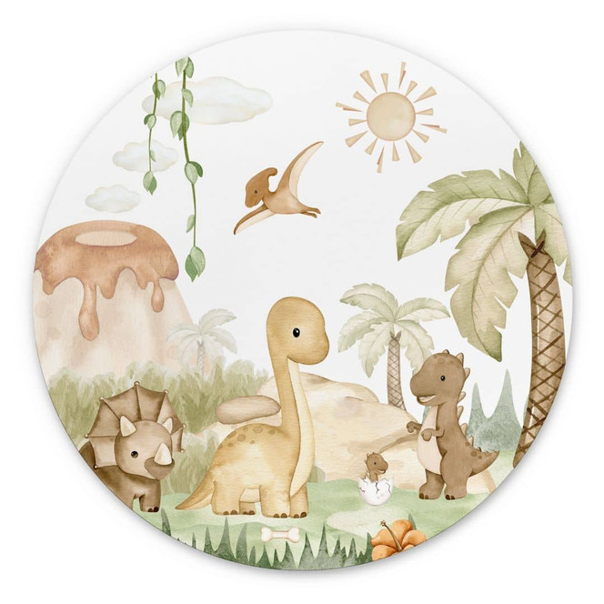 Wandbild Kleine Dinos auf grosser Entdeckungsreise - Oliver Robins - Alu-Dibond Rund