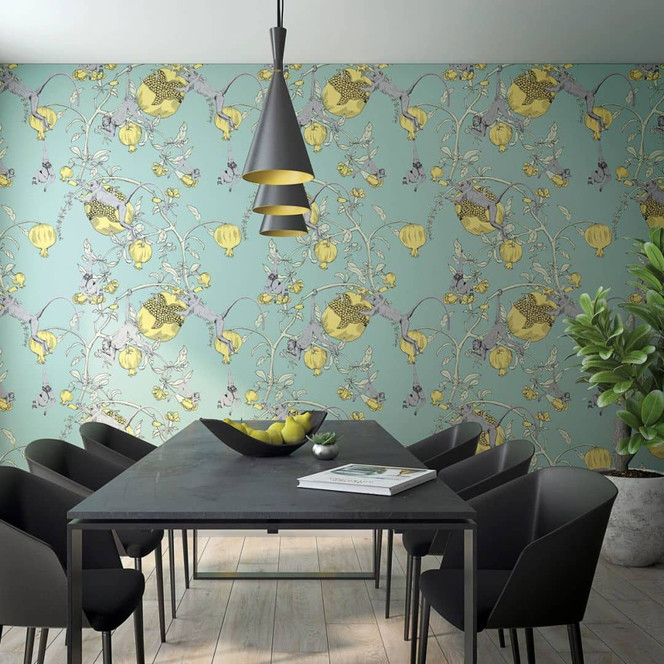 Fototapete mit Affen und Pflanzen, Gelb Illustration 3.40 x 1.06 m