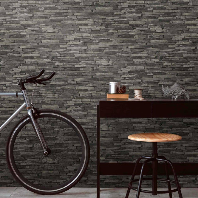 A.S. Création Vliestapete Wood and Stone Tapete in Steinoptik Naturstein grau, schwarz