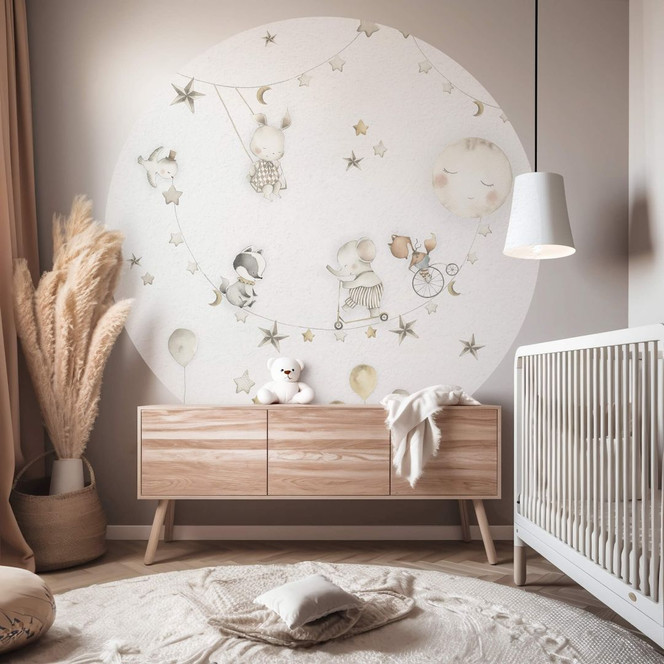 Kinderzimmer-Fototapete Oliver Robins - Fröhliche Tiere mit Sternenhimmel - Rund - Selbstklebend/Vlies