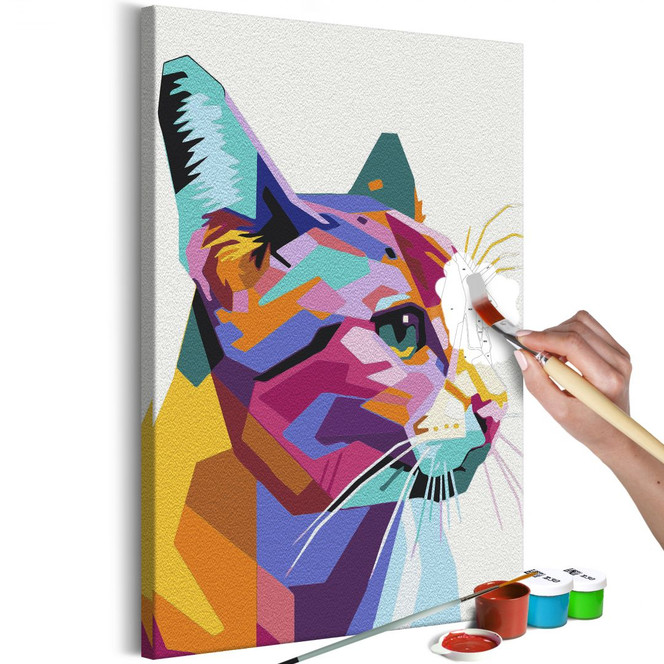 Malen nach Zahlen Leinwandbild - Geometrische Katze - 40 x 50 cm - mit Keilrahmen - bespannt