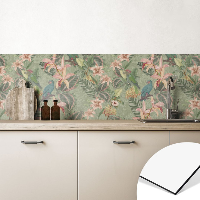 Küchenrückwand Dschungel mit Papageien Grün - Bloomery Decor