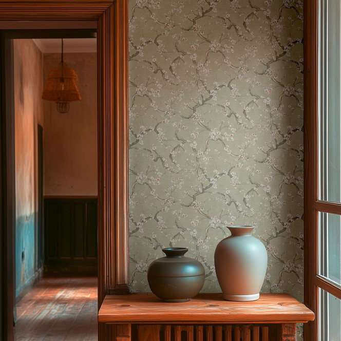 Blütenzweig-Tapete Grün Weiss Rosa – Vliestapete mit Kirschblütenmotiv