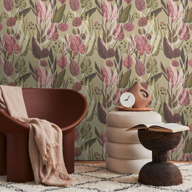 Botanik-Tapete Beige Rosa – Dschungel-Mustertapete mit Blättern – Vliestapete