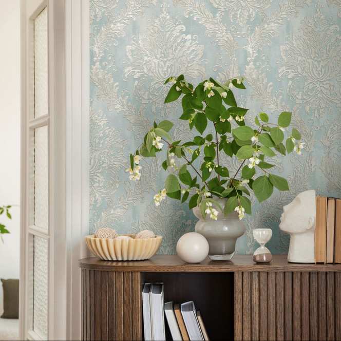 Barock-Tapete Hellblau Silber - Vliestapete mit Ornament-Muster - Elegante Mustertapete