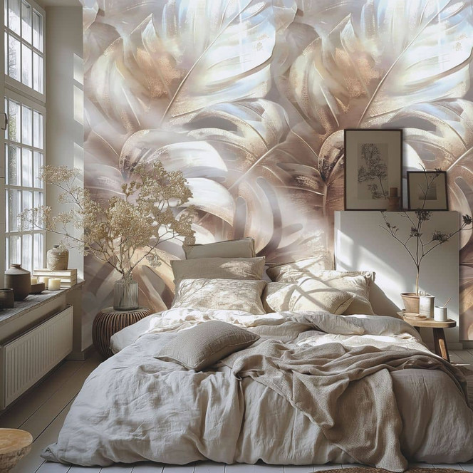 Fototapete Monstera-Blätter Beige Gold – Tropisches Design glänzend – erweiterbar