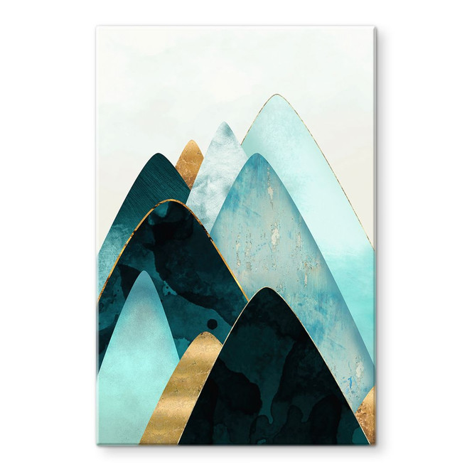 Glasbild Abstrakte Berge in Gold und Blau - SpaceFrog Designs