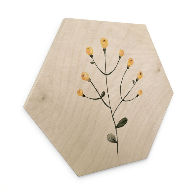 Hexagon Holzbild Zarte Pflanze mit gelben Blüten - Goed Blauw