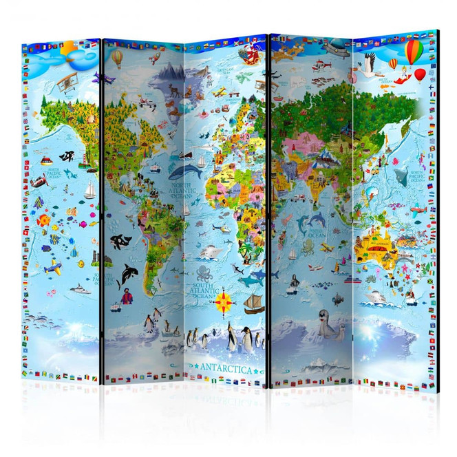 Paravent, Raumteiler freistehend, Trennwand - Weltkarte für Kinder , 5-teilig - 225 x 172 cm