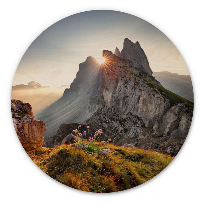 Holzbild Sonnenaufgang über den Bergen in Südtirol - Rund