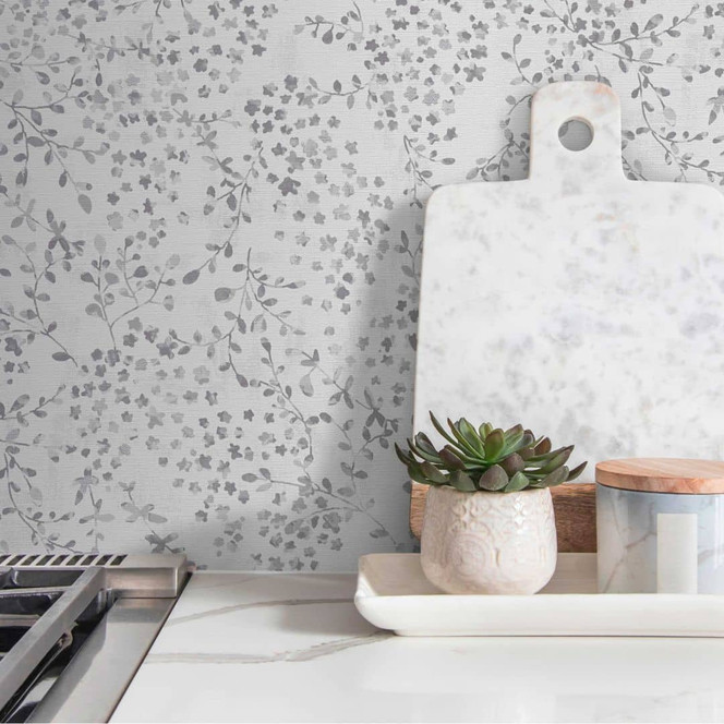 Florale Tapete Blätterranken Aquarell - Vliestapete in Grau Weiss - Elegante Mustertapete