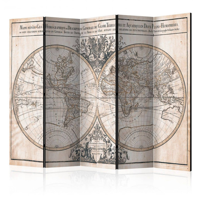 Paravent, Raumteiler freistehend, Trennwand - Mappe-Monde Geo-Hydrographique, 5-teilig - 225 x 172 cm
