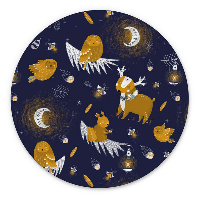 Wandbild Waldtiere in der Nacht - UN Designs - Rund - Alu-Dibond