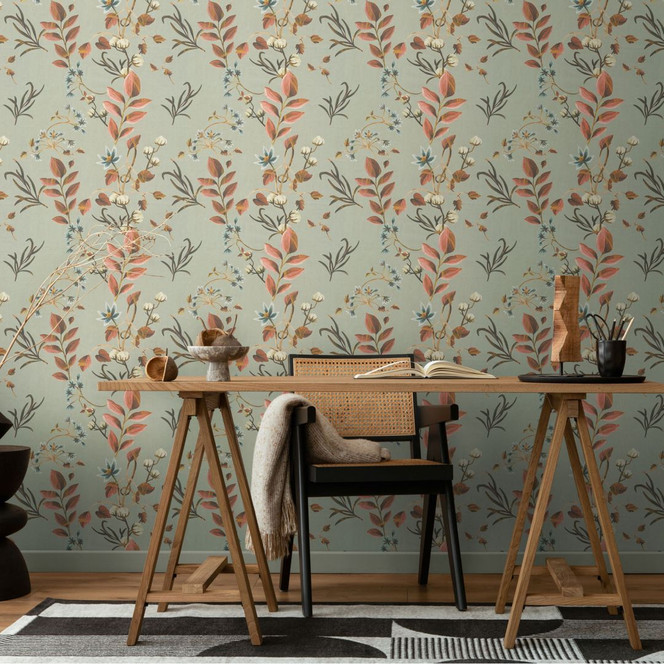 Florale Tapete mit Blättern Grün Terrakotta – Naturmotiv mit Ranken – Vliestapete
