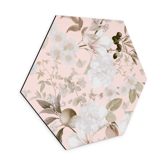 Hexagon Wandbild Boho-Illustration mit Blumen und Früchten - UN Designs - Alu-Dibond