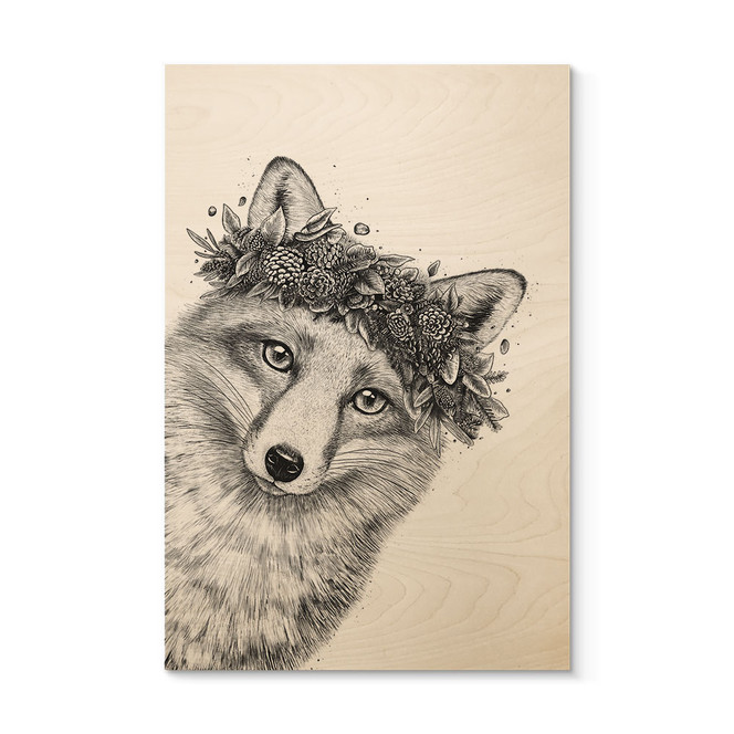 Holzbild Schwarz-weisser Fuchs mit Blumenkranz - Korenkova