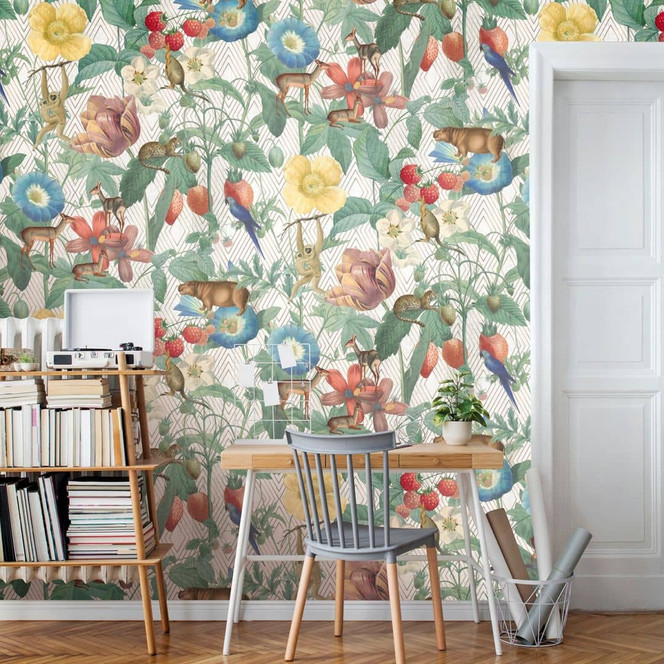 Fototapete mit Pflanzen und Tieren, Beige Illustration 3.40 x 1.59 m