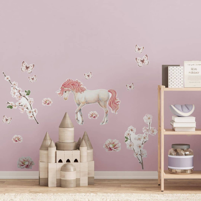 Kinderzimmer Wandtattoo Einhorn im rosa Blütenrausch - Kikki Belle - 15-teilig - 50 x 70 cm