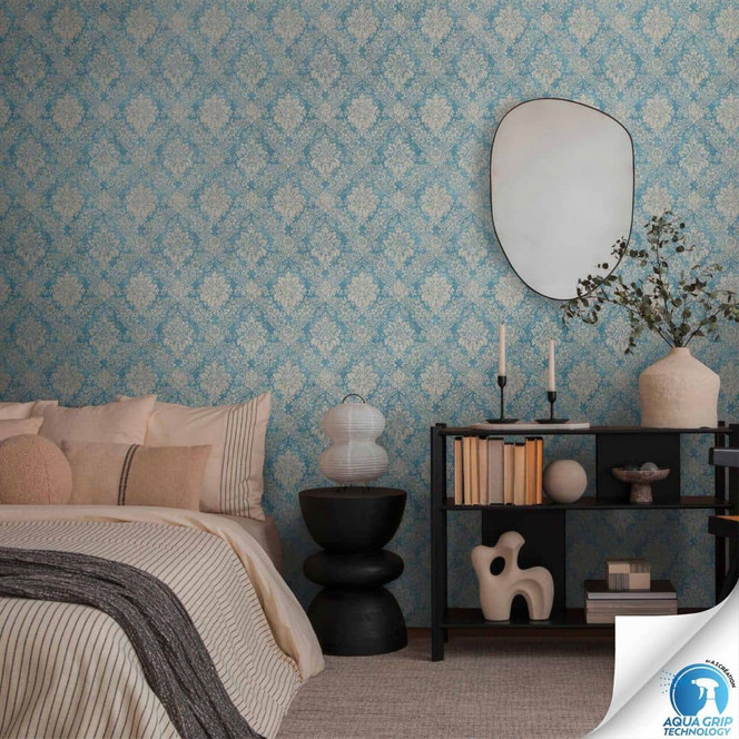 Ornament-Tapete Barock Türkis Beige - Vliestapete klassisch - Tapezieren ohne Kleister