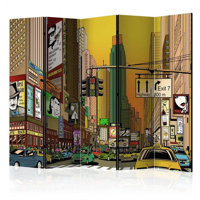 Paravent, Raumteiler freistehend, Trennwand - Lebendige Stadt - NY , 5-teilig - 225 x 172 cm